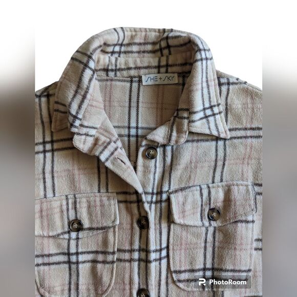 She + Sky Plaid Tan Oversized Long Sweater for Fall Cold Weather Button Up Small - Picture 4 of 5